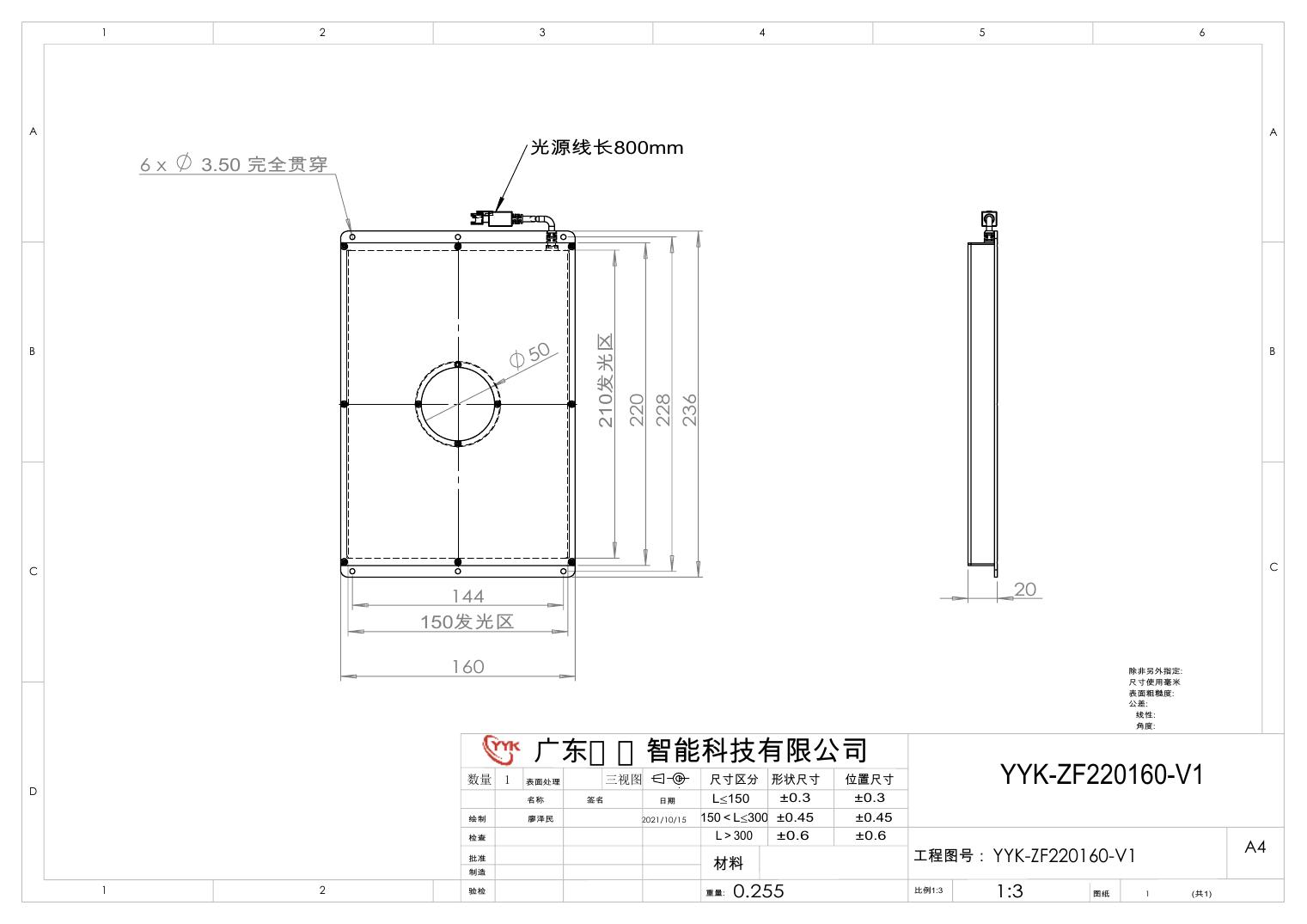 YYK-ZF220160-Z2 中孔背光源 尺寸图