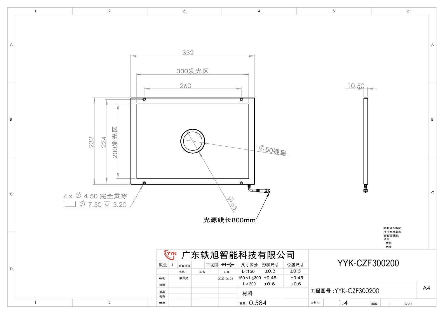 YYK-CZF300200 侧部中孔面光源 尺寸图