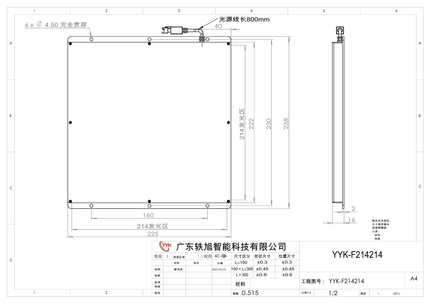 YYK-F214214 底部背光源 尺寸图
