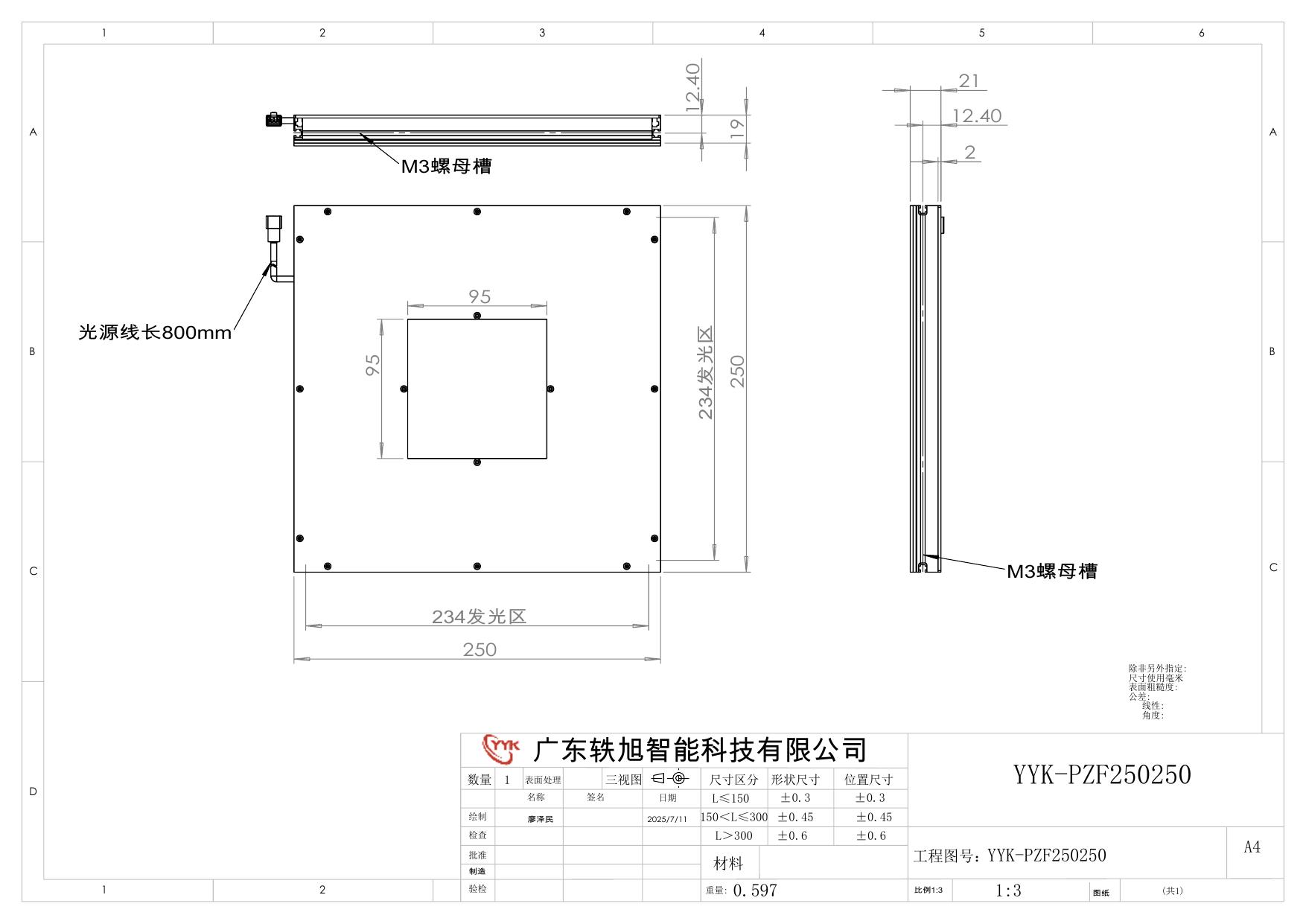 YYK-PZF250250 开孔平行背光源 尺寸图