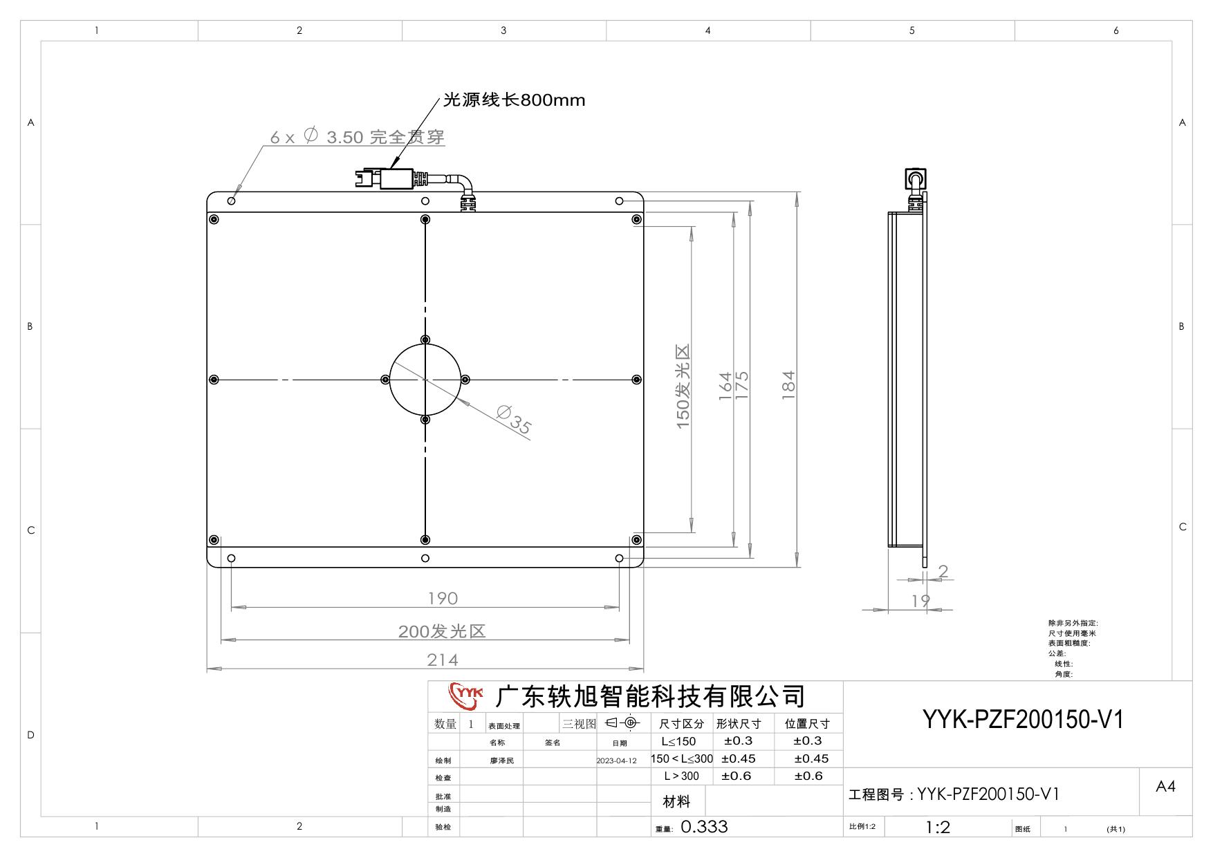 YYK-PZF200150 开孔平行背光源 尺寸图
