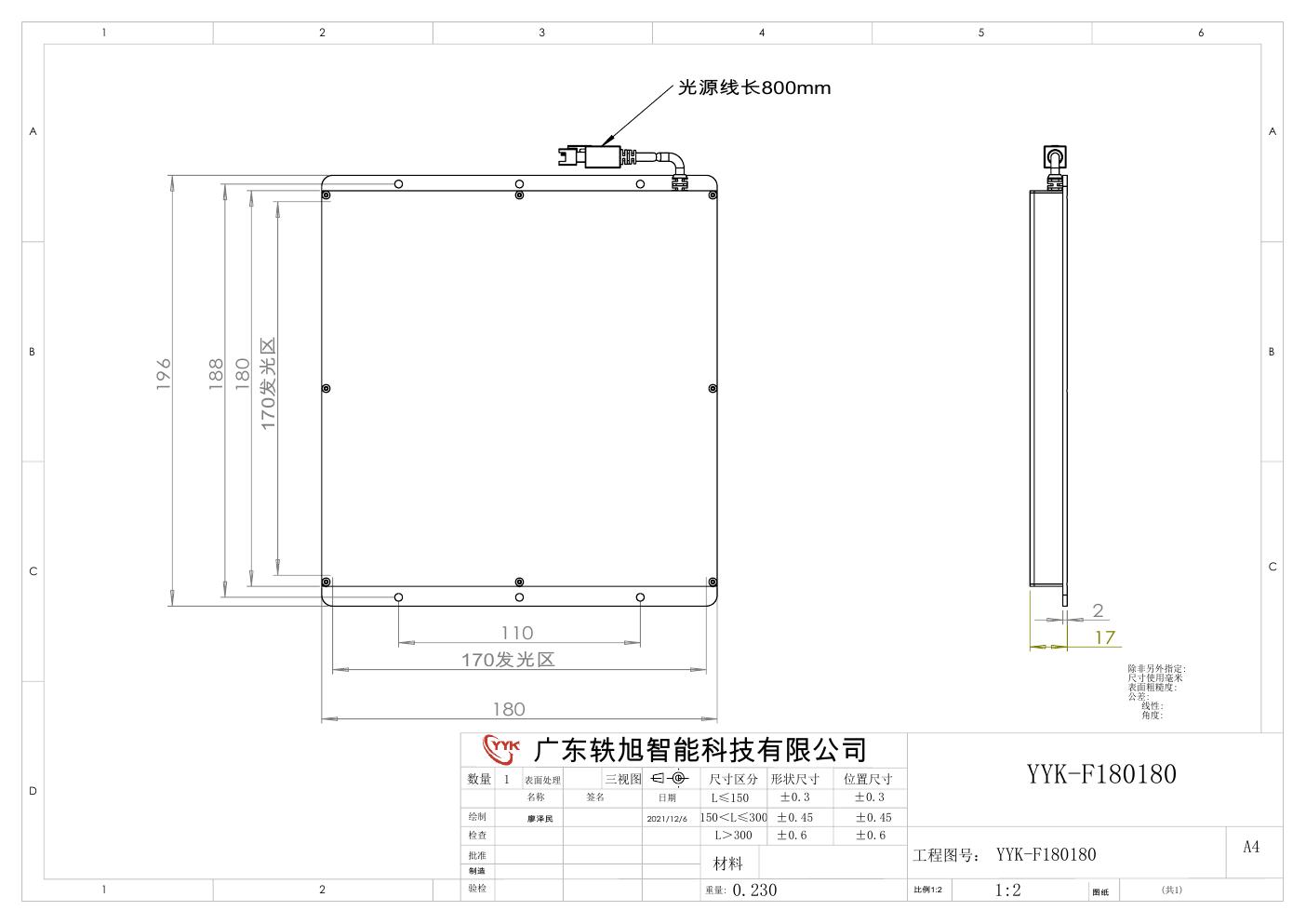 YYK-F180180 底部背光源 尺寸图