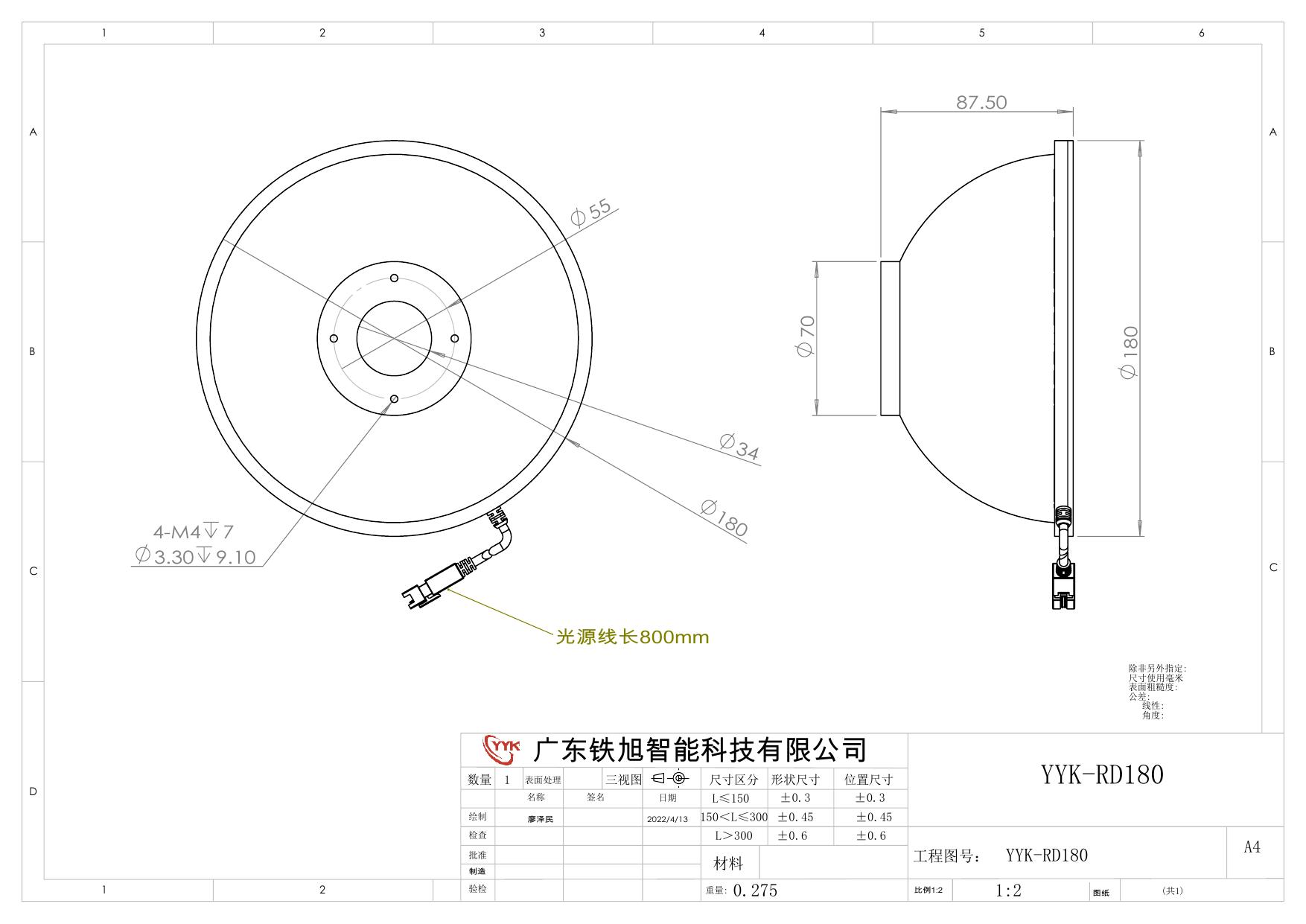 YYK-RD180 圆顶光源 尺寸图