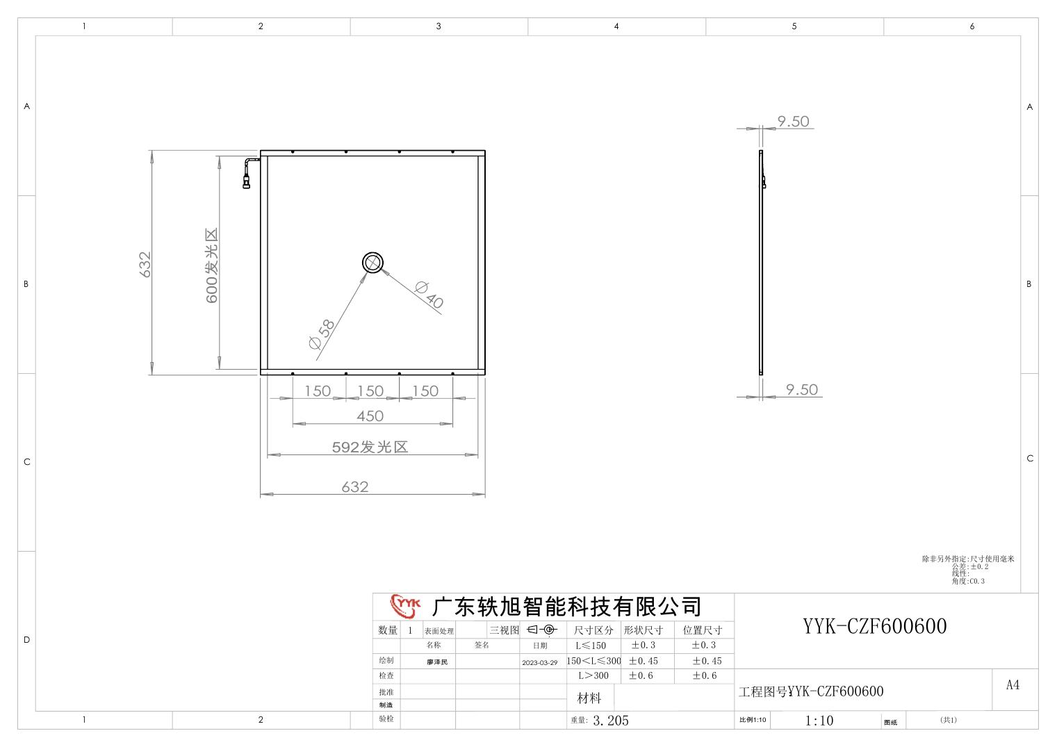 YYK-CZF600600 侧部中孔面光源 尺寸图